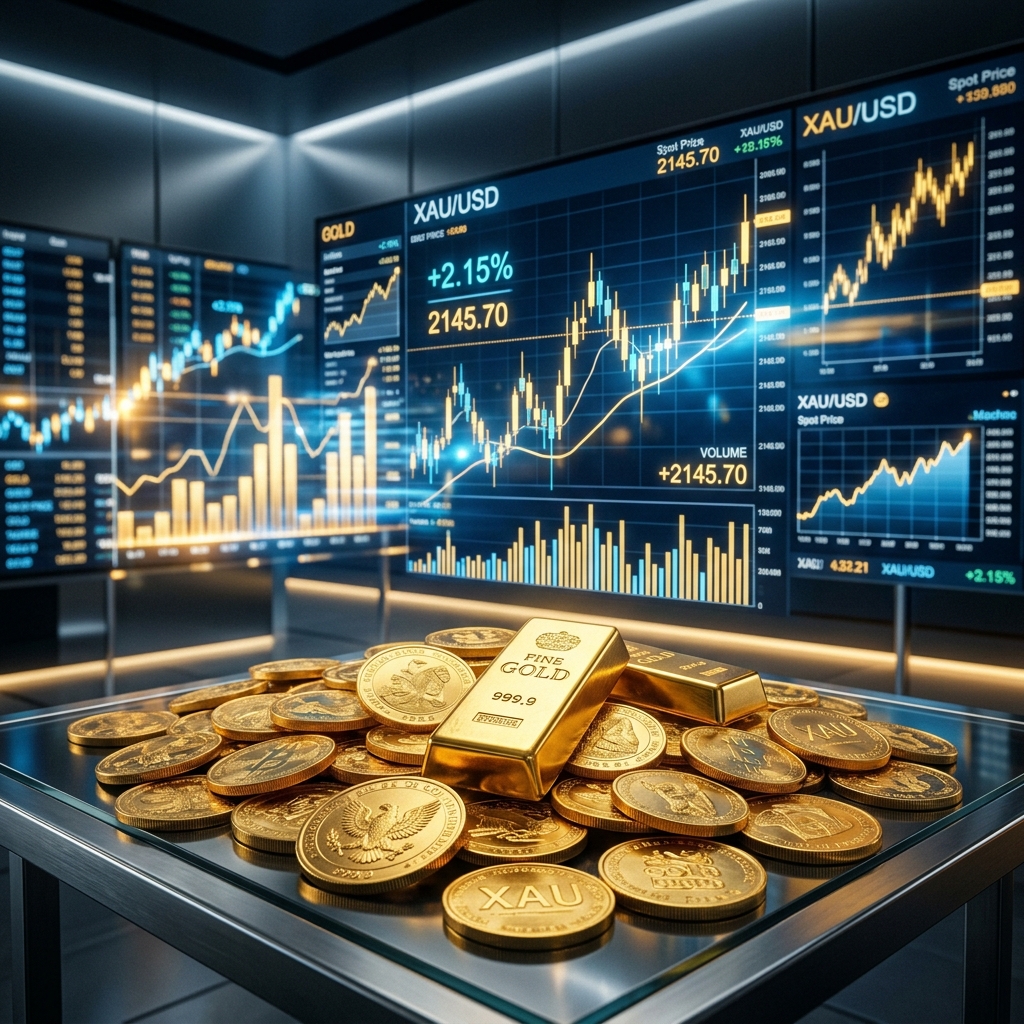 Conceptuele afbeelding van digitale financiële grafieken en goud